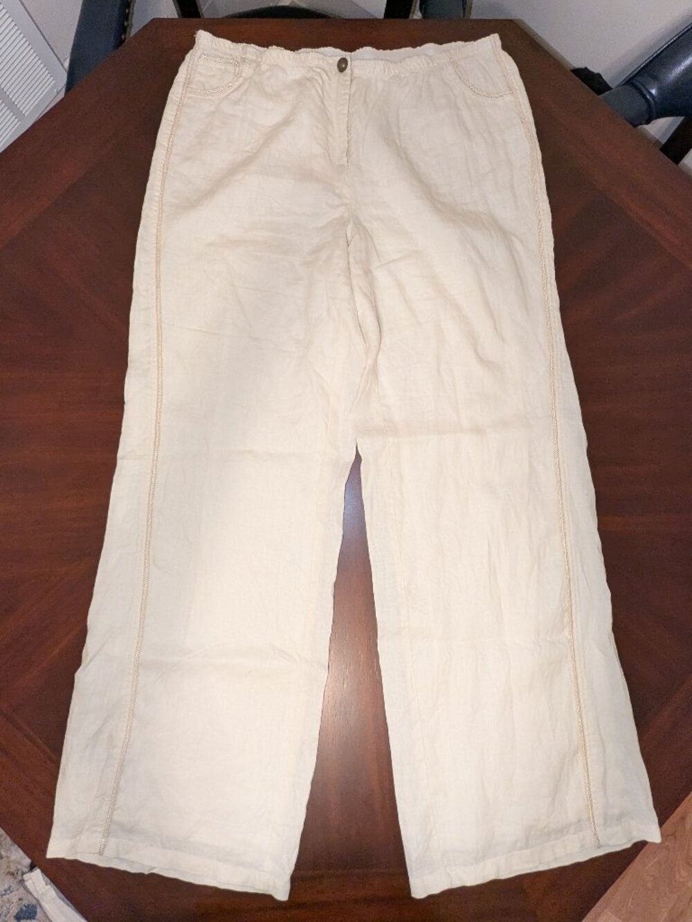 Cache Luxe Vtg 90s Linen Wide Leg Pants Size 12 Cream Ivory Braided Trim Resort